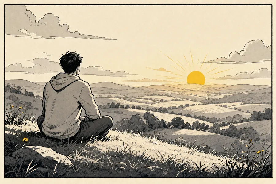 A quiet, warm scene at sunrise over open countryside.